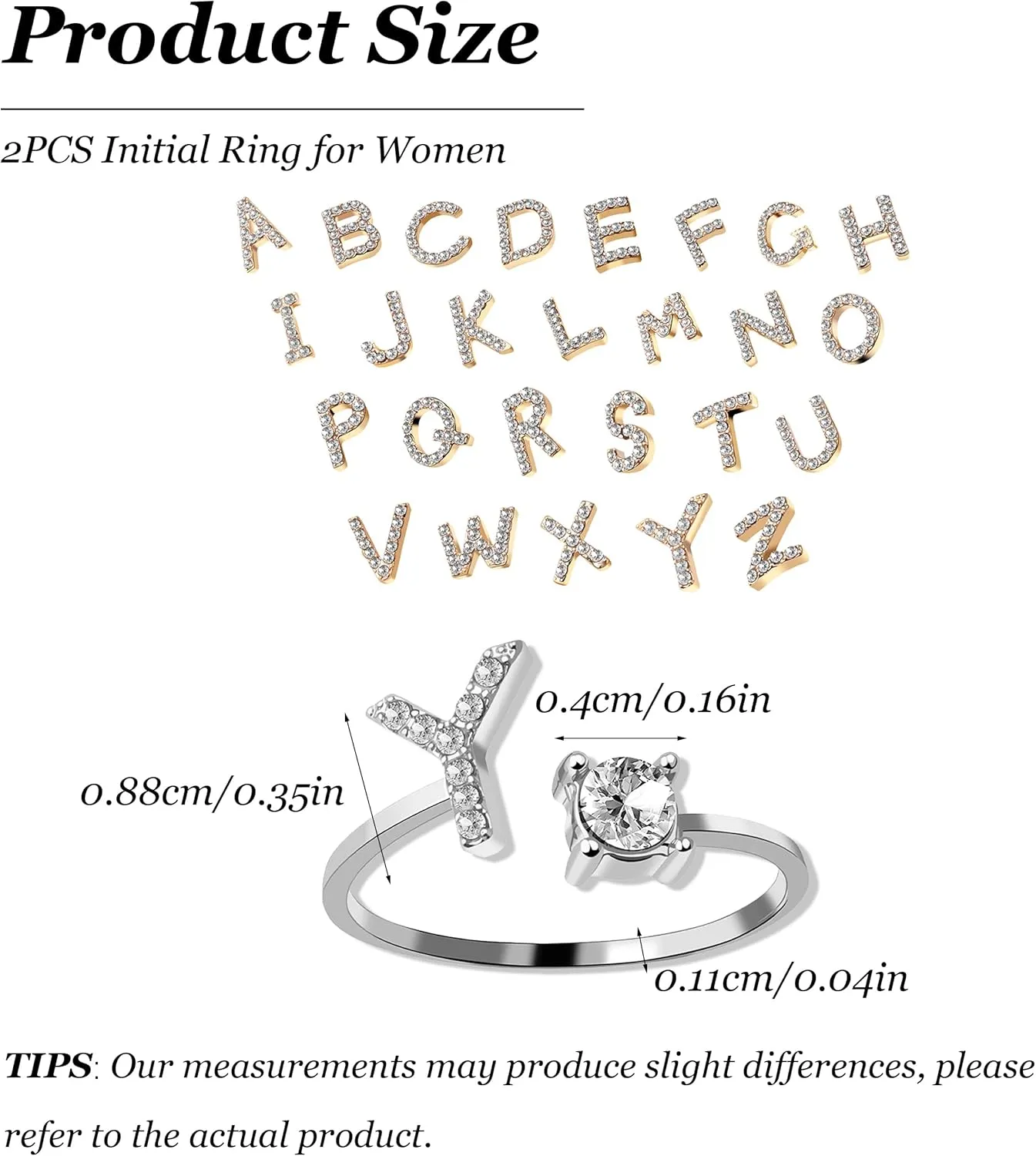 2PCS Initial Ring for Women Silver Gold Plated Rhinestone Letter Initial Rings Stackable Rings for Women Adjustable Crystal Alphabet Letter Rings Jewelry Gifts for Women Trendy Stocking Stuffers