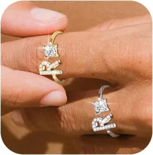 2PCS Initial Ring for Women Silver Gold Plated Rhinestone Letter Initial Rings Stackable Rings for Women Adjustable Crystal Alphabet Letter Rings Jewelry Gifts for Women Trendy Stocking Stuffers