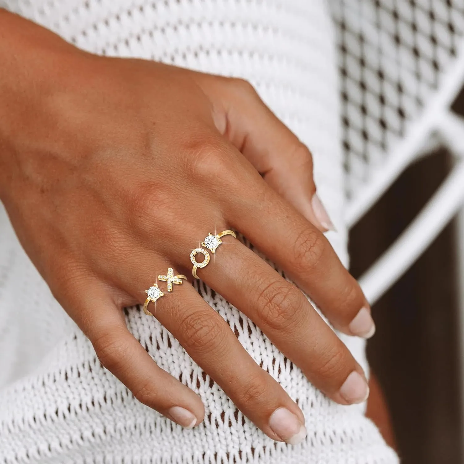 2PCS Initial Ring for Women Silver Gold Plated Rhinestone Letter Initial Rings Stackable Rings for Women Adjustable Crystal Alphabet Letter Rings Jewelry Gifts for Women Trendy Stocking Stuffers