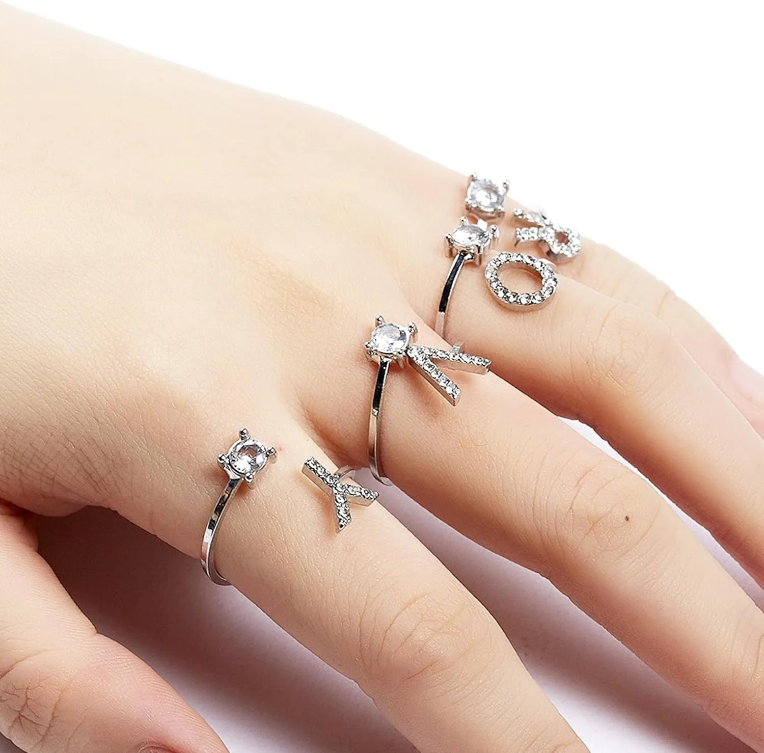 2PCS Initial Ring for Women Silver Gold Plated Rhinestone Letter Initial Rings Stackable Rings for Women Adjustable Crystal Alphabet Letter Rings Jewelry Gifts for Women Trendy Stocking Stuffers