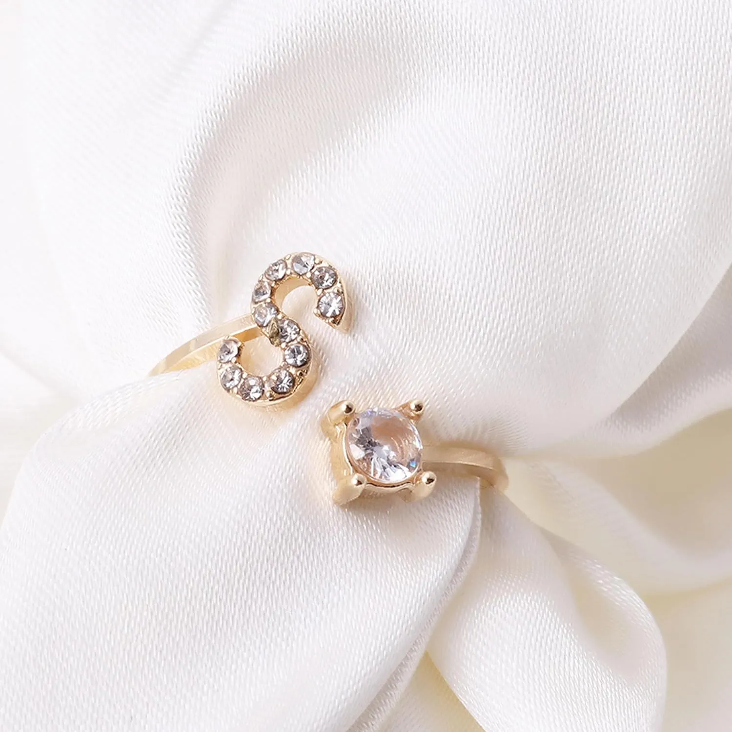 2PCS Initial Ring for Women Silver Gold Plated Rhinestone Letter Initial Rings Stackable Rings for Women Adjustable Crystal Alphabet Letter Rings Jewelry Gifts for Women Trendy Stocking Stuffers
