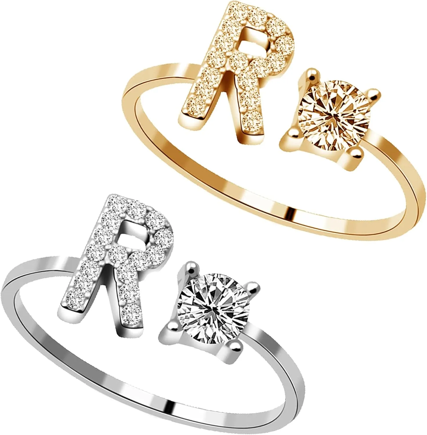 2PCS Initial Ring for Women Silver Gold Plated Rhinestone Letter Initial Rings Stackable Rings for Women Adjustable Crystal Alphabet Letter Rings Jewelry Gifts for Women Trendy Stocking Stuffers
