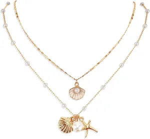 2pcs Shell Necklaces, Shiny Charming Beach Jewelry for Women Adjustable Multi-Layer Seashell Necklace with Pearls Match All Outfits Summer Sea Necklaces for Birthday Wedding Party Engagement