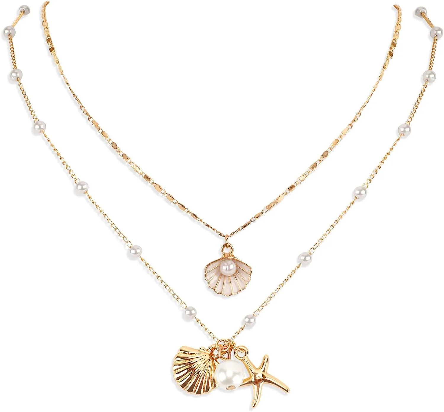 2pcs Shell Necklaces, Shiny Charming Beach Jewelry for Women Adjustable Multi-Layer Seashell Necklace with Pearls Match All Outfits Summer Sea Necklaces for Birthday Wedding Party Engagement