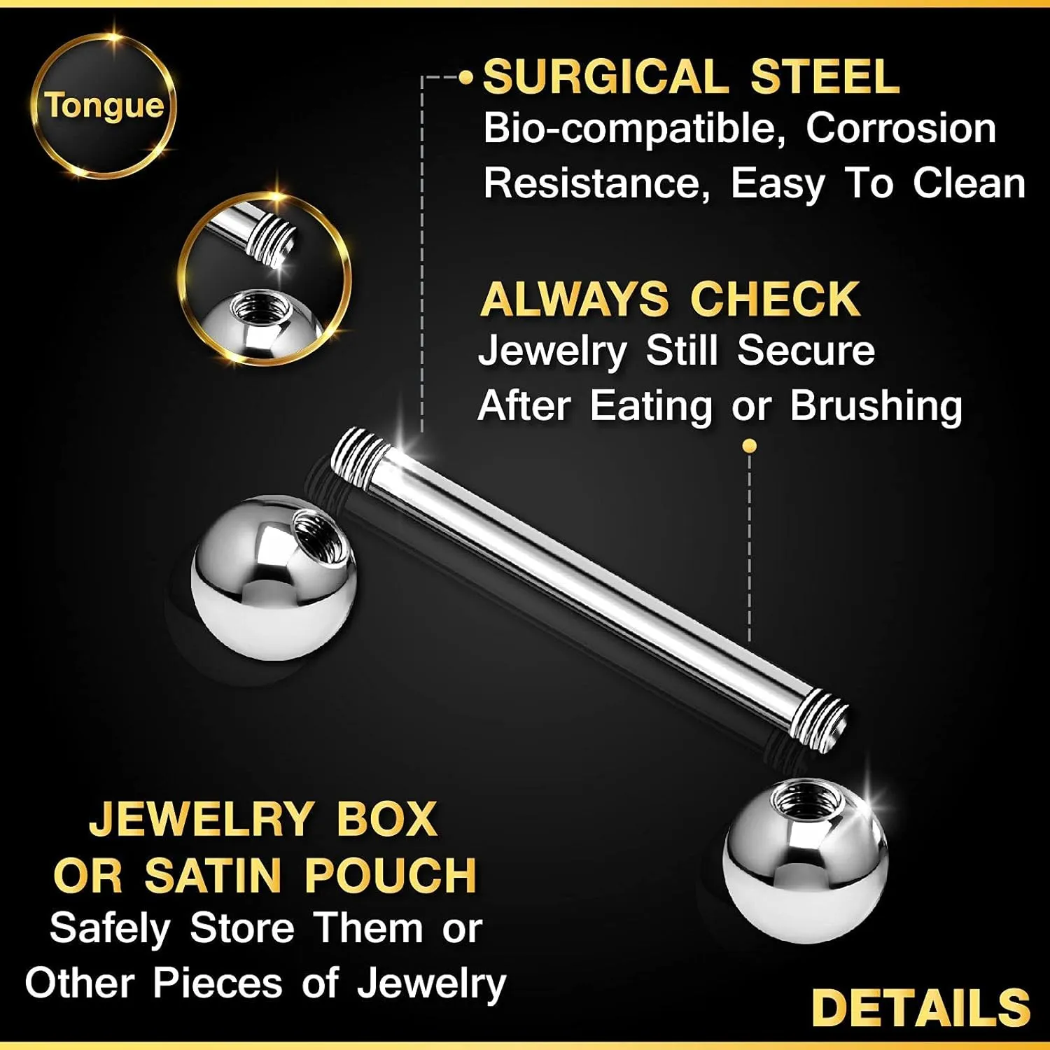 2PCS Stainless Steel Stud Barbell Tongue Rings 14 Gauge 6mm Ball Nipple Bars Piercing Jewelry See More Sizes