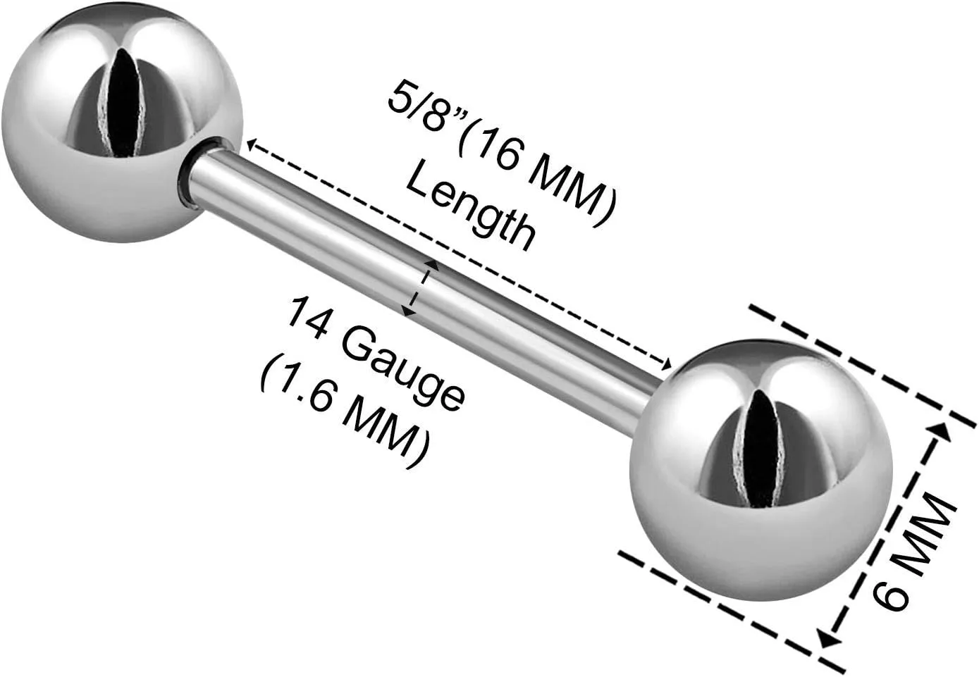 2PCS Stainless Steel Stud Barbell Tongue Rings 14 Gauge 6mm Ball Nipple Bars Piercing Jewelry See More Sizes