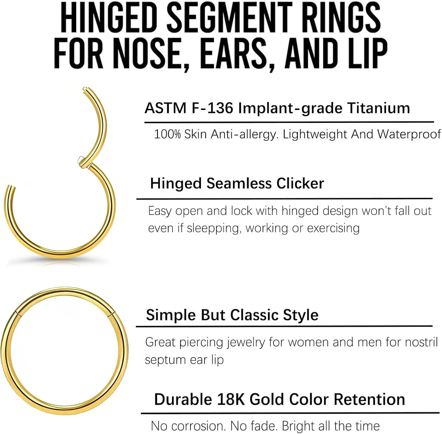 2Pcs Women Men Titanium Nose Rings Hoops 20G 18G 16G Hinged Nose Clicker for Nostril Septum Cartilage Helix Tragus Conch Daith Rook Lip Ear Lobe Piercings Diameter 6mm/7mm/8mm/9mm/10mm/12mm Sliver-Gold-Black-Rose Gold