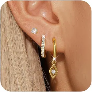 3 Pairs Gold Plated Earrings Set for Women, Dainty Huggie Hoop Earrings Trendy, Small Hypoallergenic Heart Stud Cartilage Earring for Women, Hoop Dangle Earring Stacks Cute Jewelry for Gifts
