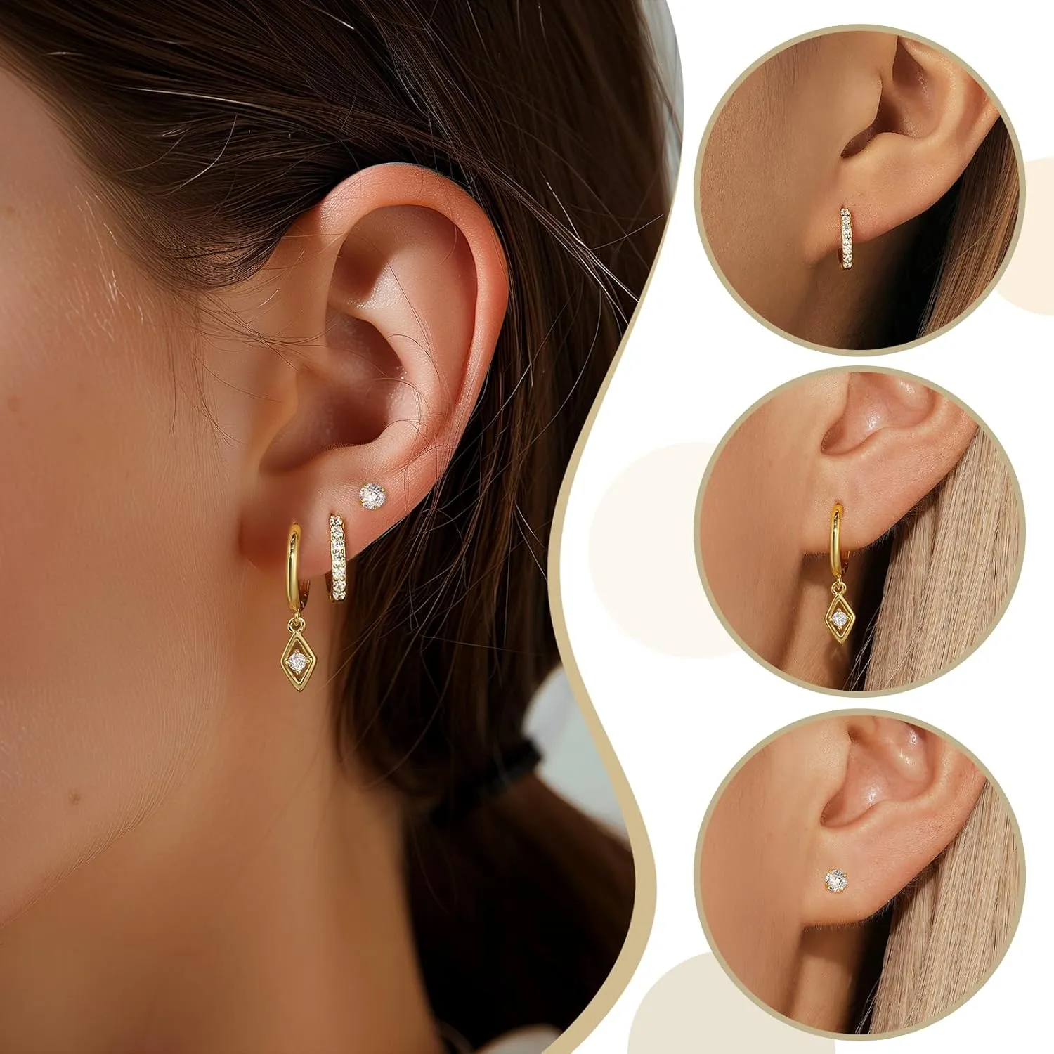 3 Pairs Gold Plated Earrings Set for Women, Dainty Huggie Hoop Earrings Trendy, Small Hypoallergenic Heart Stud Cartilage Earring for Women, Hoop Dangle Earring Stacks Cute Jewelry for Gifts