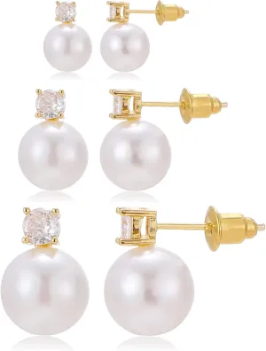 3 Pairs Pearl Stud Earrings Set Cubic Zirconia Pearl Earrings Wedding Earrings for Women Brides Jewelry Gift 6mm/8mm/10mm