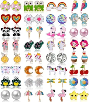 32/40 Pairs Hypoallergenic Stud Earrings for Girls Kids Stainless Steel Stud Earrings Set Vivid Colors and Multi-styles Cute Earring Jewelry Gifts for Girls Kids