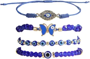 3pcs Evil Eye Adjustable Woven Blue Chain Beaded Good Luck Amulet Bracelet Set - Handmade Crystal Charm for Women Men Friendship Jewelry