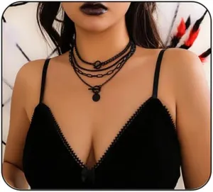 4pcs Black Layered Necklaces for Women,Vintage Fashion Heart/Coin/Star Pendant Necklace Punk Chunky Chain Choker Multilayer Aesthetic Adjustable Hiphop Necklaces Set Halloween Jewelry Gift