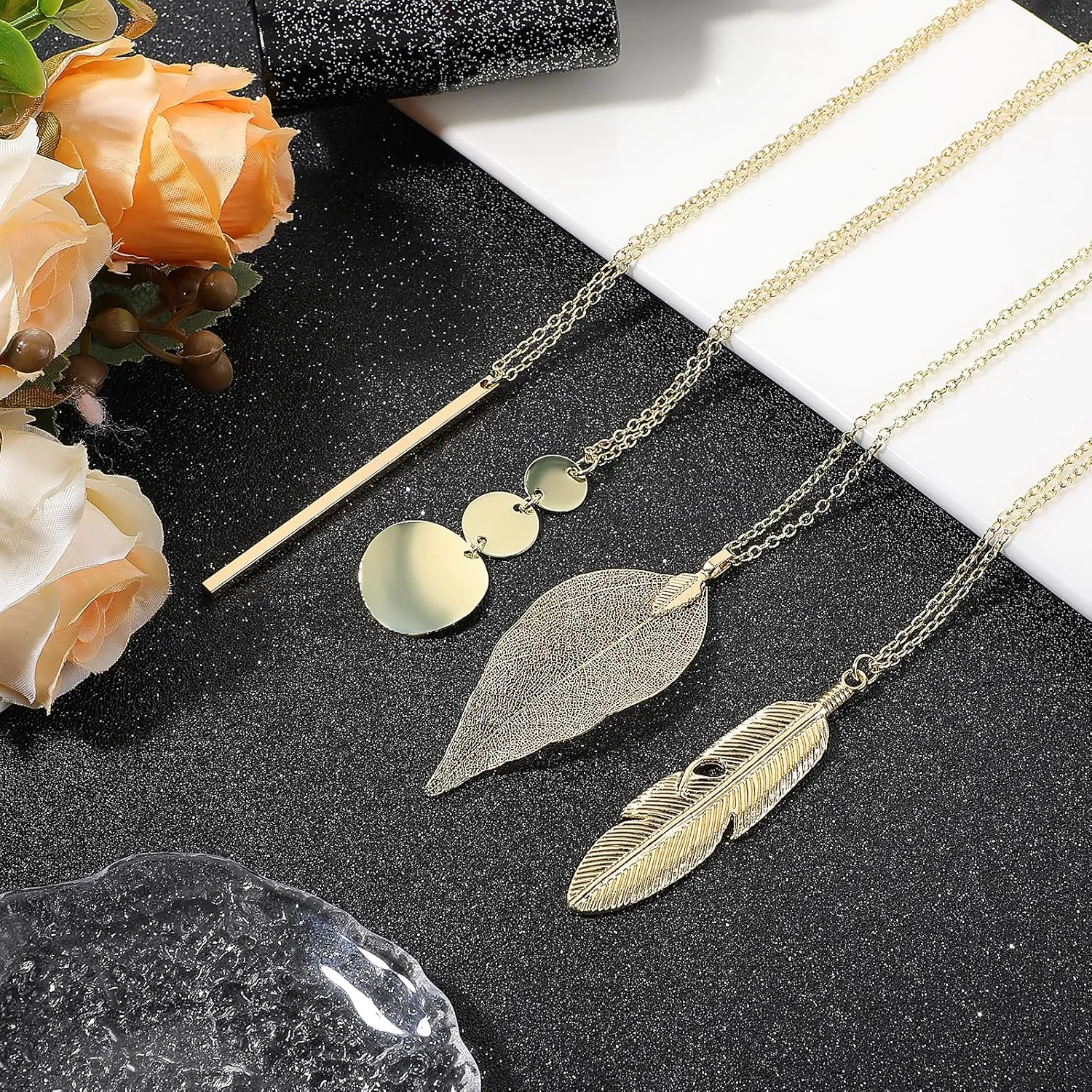 4PCS Long Necklaces for Women, Fashion Pendant Necklace Leaf Bar Feather Circle Necklace Jewelry Set