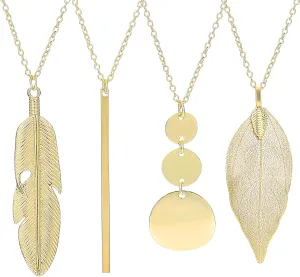 4PCS Long Necklaces for Women, Fashion Pendant Necklace Leaf Bar Feather Circle Necklace Jewelry Set