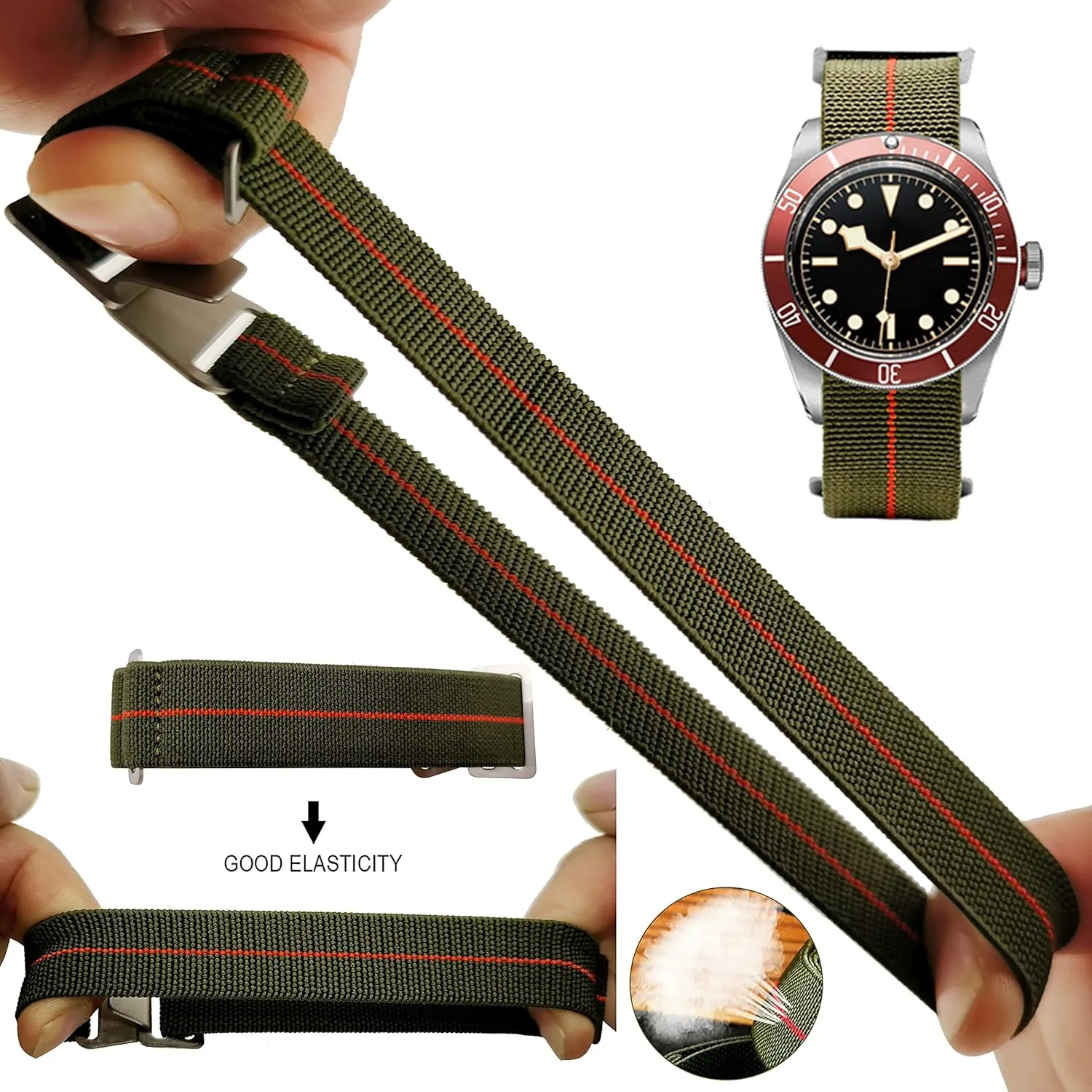 60's French Troops Parachute Special Elastic Nylon Watch Band Man's Universal Hook-and-Loop Nylon Strap 20/21/22mm