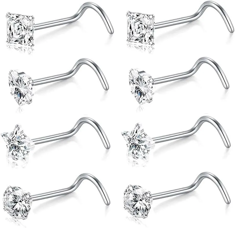 8-15Pcs 20G Nose Rings studs for Woman Hypoallergenic 316L Surgical Steel Nose Piercings Jewelry 2/3mm CZ L Shape Nose Rings 20 Gauge Nose Studs Nose Screw Studs Gold Silver