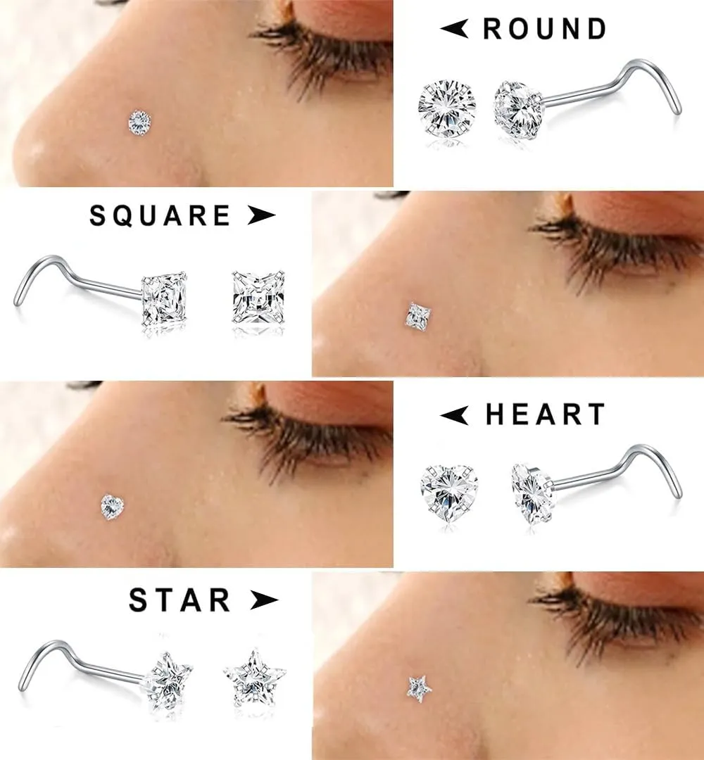 8-15Pcs 20G Nose Rings studs for Woman Hypoallergenic 316L Surgical Steel Nose Piercings Jewelry 2/3mm CZ L Shape Nose Rings 20 Gauge Nose Studs Nose Screw Studs Gold Silver