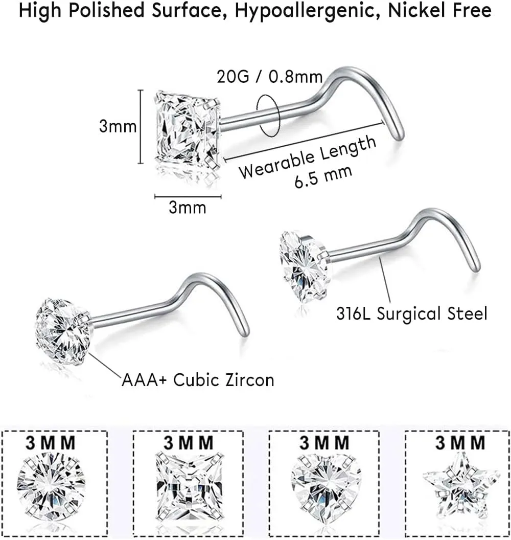 8-15Pcs 20G Nose Rings studs for Woman Hypoallergenic 316L Surgical Steel Nose Piercings Jewelry 2/3mm CZ L Shape Nose Rings 20 Gauge Nose Studs Nose Screw Studs Gold Silver
