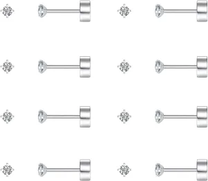 8 Pairs Tiny Flat Back Earrings for Women Men 14K Gold Plated Surgical Stainless Steel Stud Earrings Cubic Zirconia Cartilage Earring Hypoallergenic Piercing Jewelry, 2mm 3mm 4mm