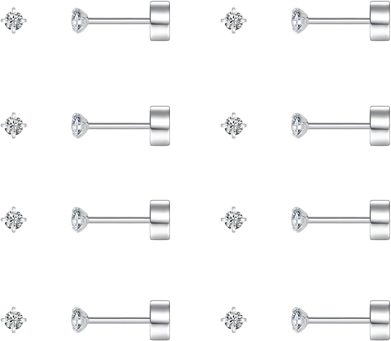 8 Pairs Tiny Flat Back Earrings for Women Men 14K Gold Plated Surgical Stainless Steel Stud Earrings Cubic Zirconia Cartilage Earring Hypoallergenic Piercing Jewelry, 2mm 3mm 4mm