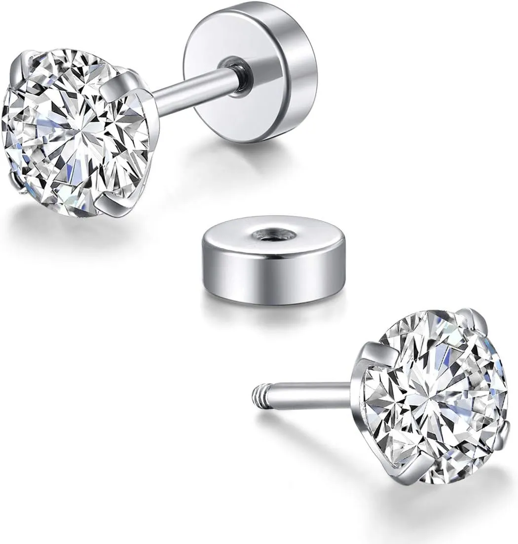 8 Pairs Tiny Flat Back Earrings for Women Men 14K Gold Plated Surgical Stainless Steel Stud Earrings Cubic Zirconia Cartilage Earring Hypoallergenic Piercing Jewelry, 2mm 3mm 4mm