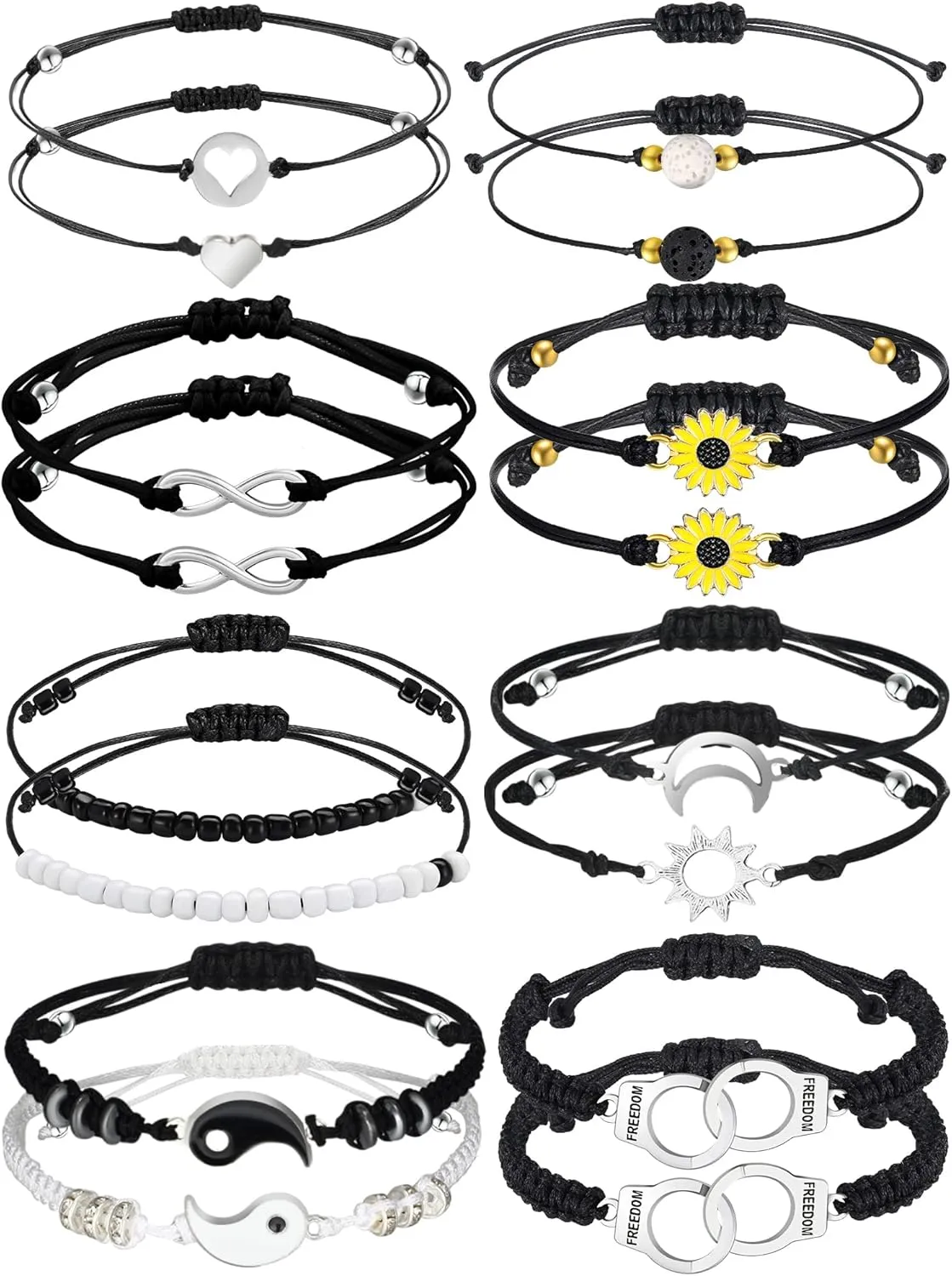 8 Sets Friend Matching Bracelets for Couples Sunflower Yin Yang Pinky Promise Sun and Moon Bead Heart Bracelet for Women Men Gifts Cool BFF Friendship