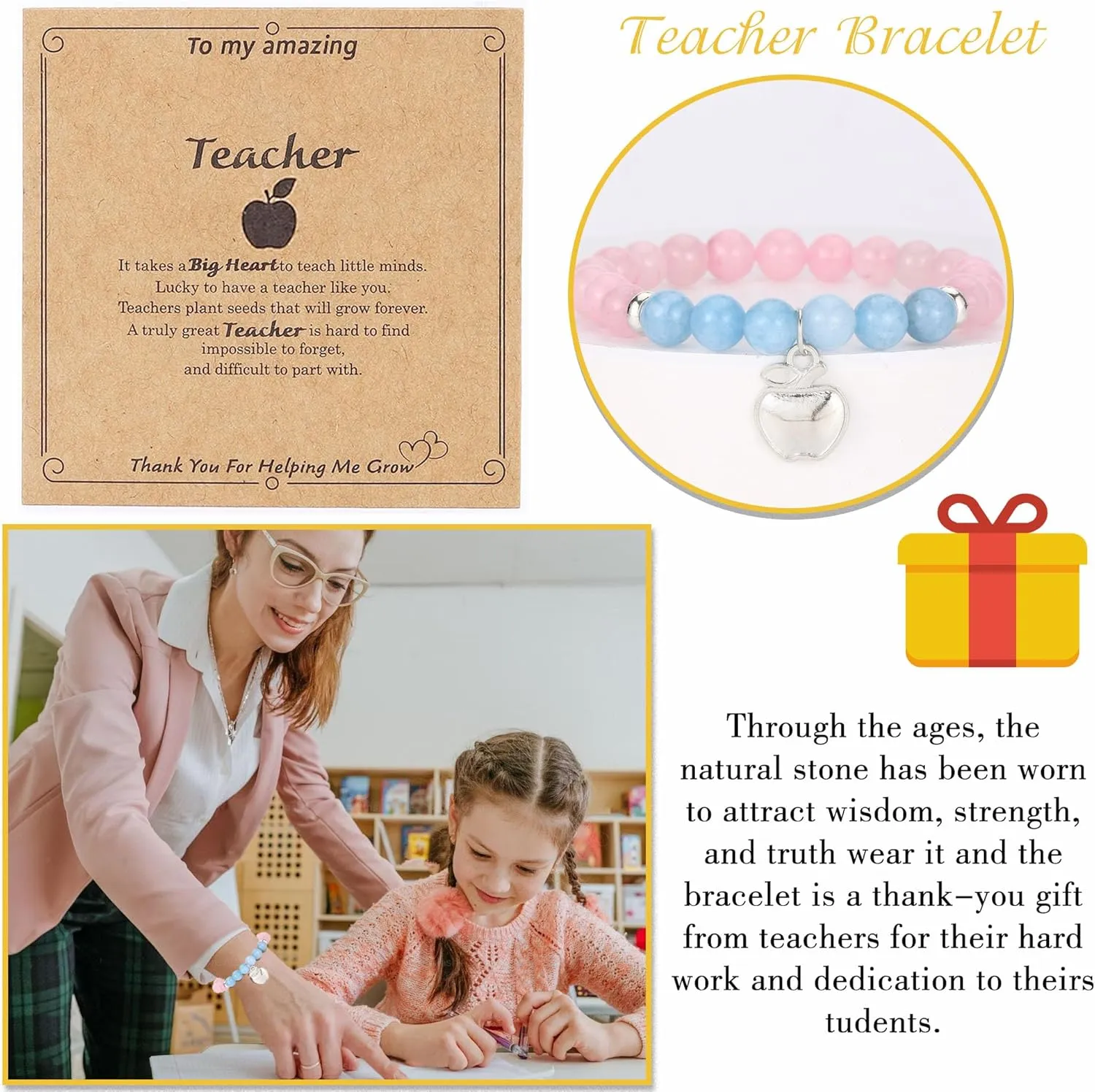 8Pcs Teacher Appreciation Bracelets Gifts for Women Men Natural Stone Teacher Elastic Bead Bracelets Teacher Jewelry Gift