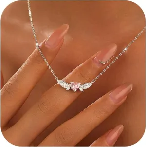 925 Sterling Silver Angel Wings Heart Necklaces for Women Cute Dainty Pink CZ Heart Pendant Necklace Promise Couple Necklaces Mother Daughter Friendship Necklace Adjustable Choker Necklace Jewelry