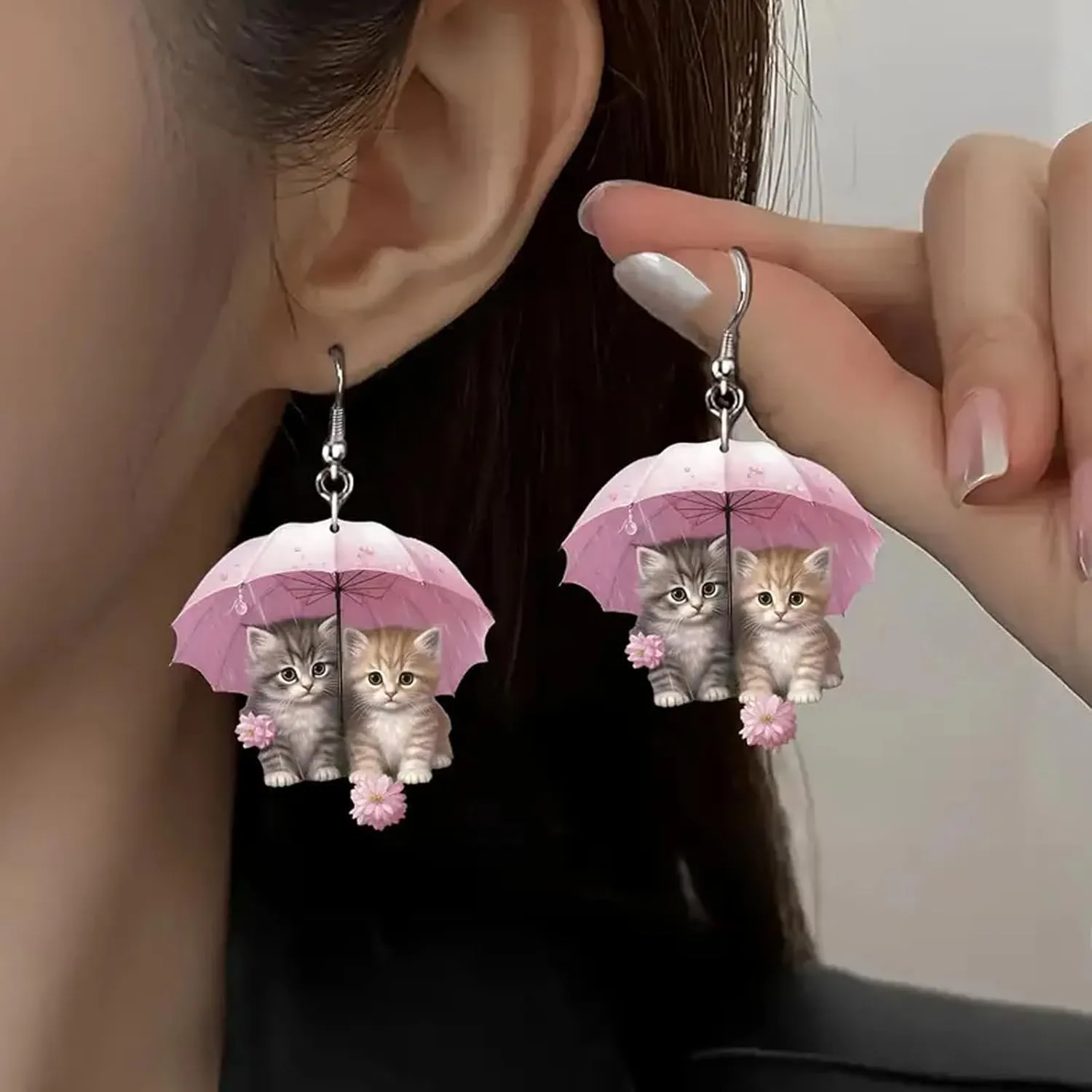 925 Sterling Silver Dangle Drop Earrings, 2D Cartoon Pattern Acrylic Earrings for Women, Animal Pattern, Novelty Funny Adorable Cute Pet Dog, Christmas Cat Fashion Jewelry