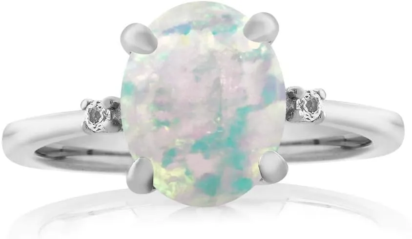 925 Sterling Silver Gemstone Birthstone and White Diamond Accent 3-Stone Ring for Women | 10X8MM Oval with 1.5MM Accents | Fine Jewelry for Engagement Wedding Anniversary Promise | Sizes 5-9