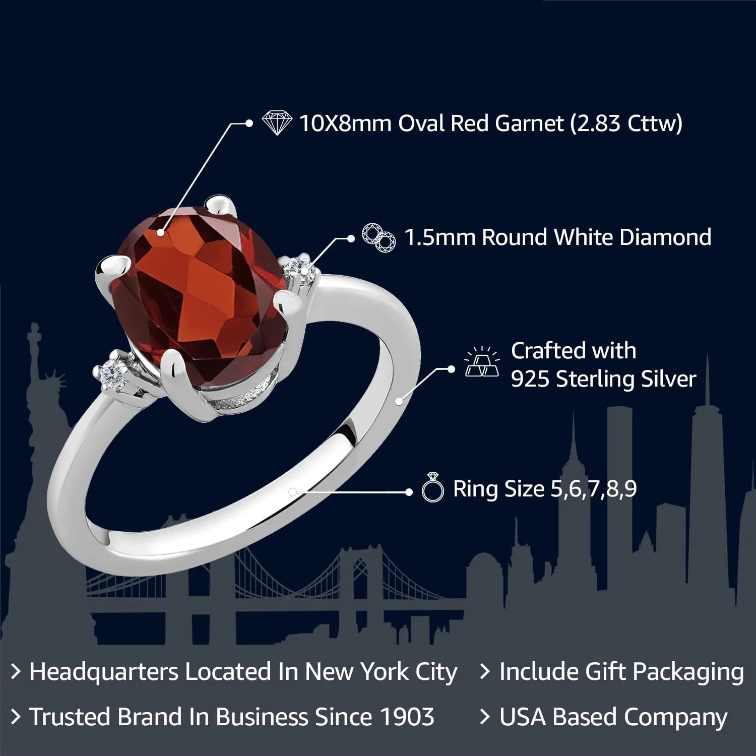 925 Sterling Silver Gemstone Birthstone and White Diamond Accent 3-Stone Ring for Women | 10X8MM Oval with 1.5MM Accents | Fine Jewelry for Engagement Wedding Anniversary Promise | Sizes 5-9