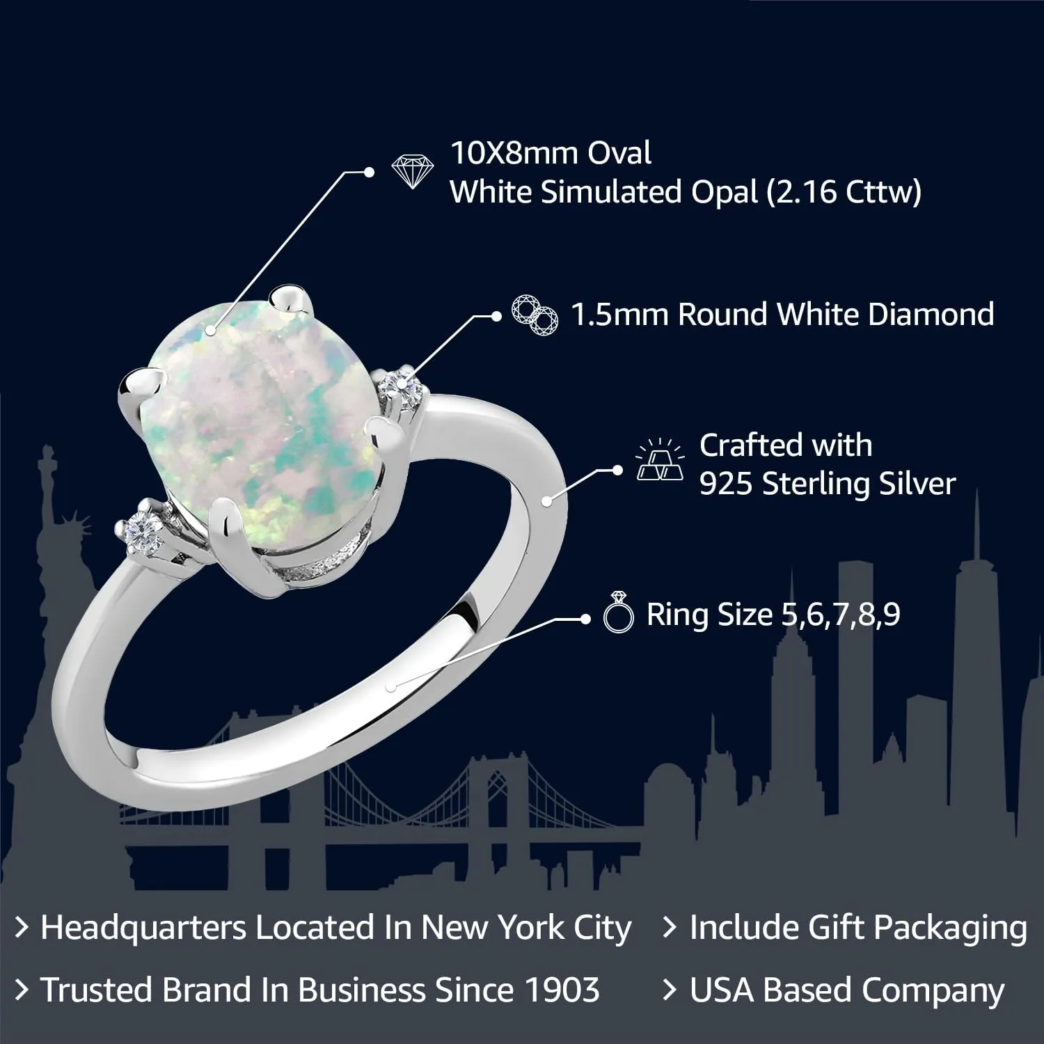 925 Sterling Silver Gemstone Birthstone and White Diamond Accent 3-Stone Ring for Women | 10X8MM Oval with 1.5MM Accents | Fine Jewelry for Engagement Wedding Anniversary Promise | Sizes 5-9
