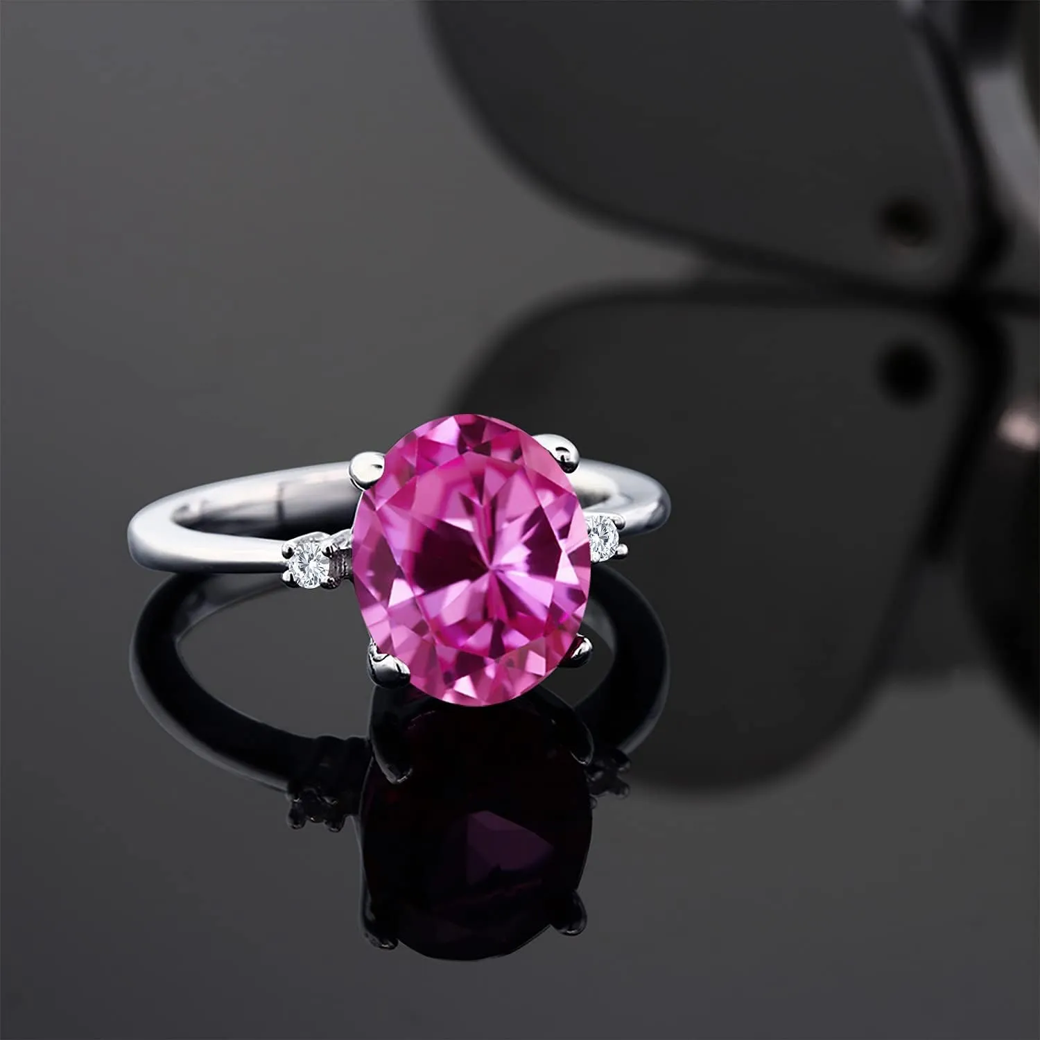 925 Sterling Silver Gemstone Birthstone and White Moissanite Accent 3-Stone Ring for Women | 10X8MM Oval with 1.5MM Accents | Fine Jewelry for Engagement Wedding Anniversary Promise | Sizes 5-9