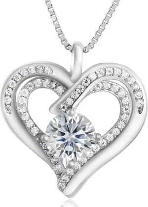 925 Sterling Silver Heart Pendant Necklace for Women - GRA-Certified 1 & 2 CT Moissanite Jewelry, Luxury Valentines Day Gift, Anniversary, Birthday, or Wedding Jewelry, Perfect I Love You Gift