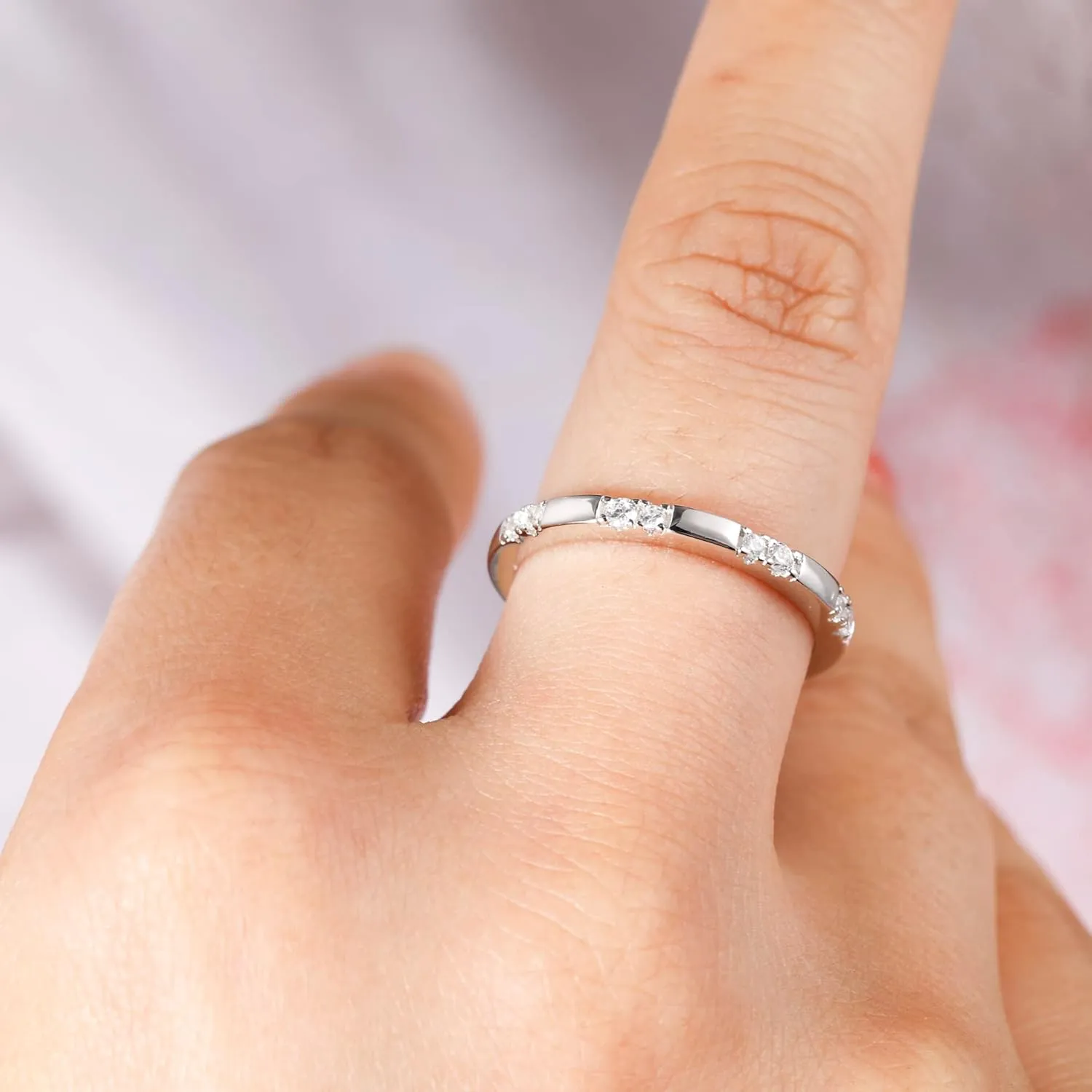 925 Sterling Silver Rings for Women Ladies Wedding Band V Shaped Heatbeat Pattern Cubic Zirconia Engagement Eternity Ring Thin Stackable Comfort Fit Size 4-12