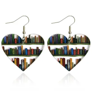 Acrylic Book Earrings for Women Girls Teacher Student, Heart Bookcase Dangle Earrings for Book Lovers, Bookshelf Earring Present for Librarian Readers Valentine's Day Gifts