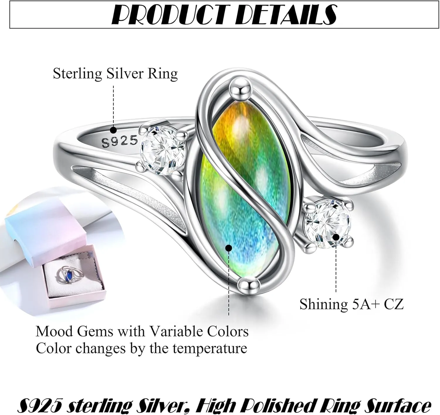 ADRAMATA 925 Sterling Silver Rings for Women Mood Ring Color Change Cubic Zirconia Accents Ring 18K Gold Plated Oval Solitaire Statement Silver Rings Jewelry