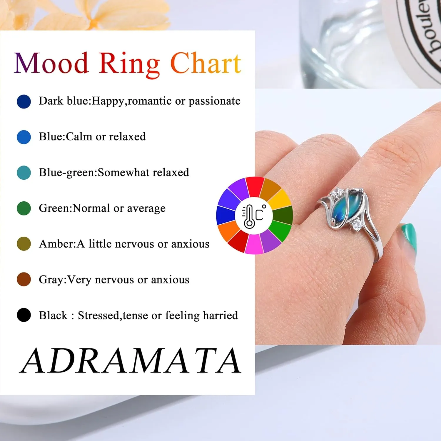 ADRAMATA 925 Sterling Silver Rings for Women Mood Ring Color Change Cubic Zirconia Accents Ring 18K Gold Plated Oval Solitaire Statement Silver Rings Jewelry