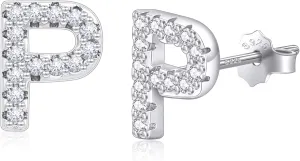 AILUOR Initial Stud Earrings for Women, Sterling Silver CZ Initial Letter Stud Earrings for Women 14K Gold Plated Simulated Diamond Hypoallergenic Alphabet Letter Earrings for Women Birthday Gifts Jewelry