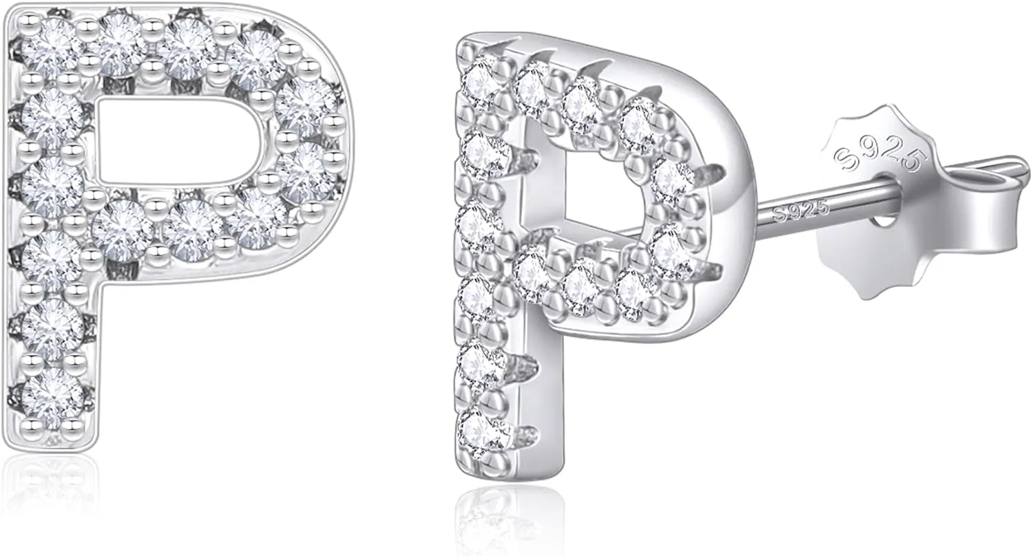 AILUOR Initial Stud Earrings for Women, Sterling Silver CZ Initial Letter Stud Earrings for Women 14K Gold Plated Simulated Diamond Hypoallergenic Alphabet Letter Earrings for Women Birthday Gifts Jewelry