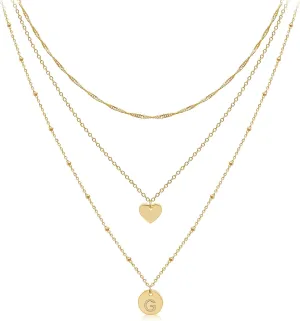 Aisansty Dainty Layered Initial Choker Necklaces Handmade 14K Gold Plated Tiny Heart Personalized Letter Disc Pendant Adjustable Chain Layering Gold Necklaces for Women Gift Jewelry