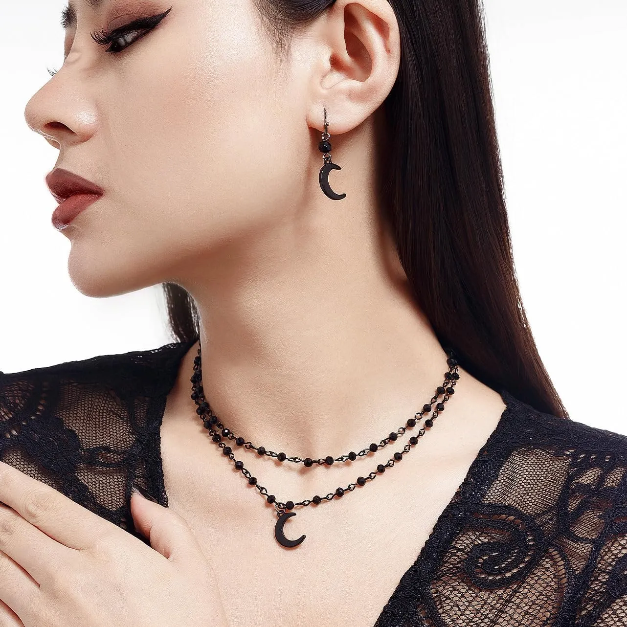 ALEXTINA Halloween Vampire Choker Gothic Necklaces for Women, Black Earrings and Necklace Set, Dainty Tear Drop Necklaces Y Necklace, Black Beaded Moon Necklace, Double Layered Choker Necklace