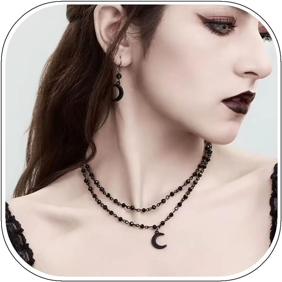 ALEXTINA Halloween Vampire Choker Gothic Necklaces for Women, Black Earrings and Necklace Set, Dainty Tear Drop Necklaces Y Necklace, Black Beaded Moon Necklace, Double Layered Choker Necklace