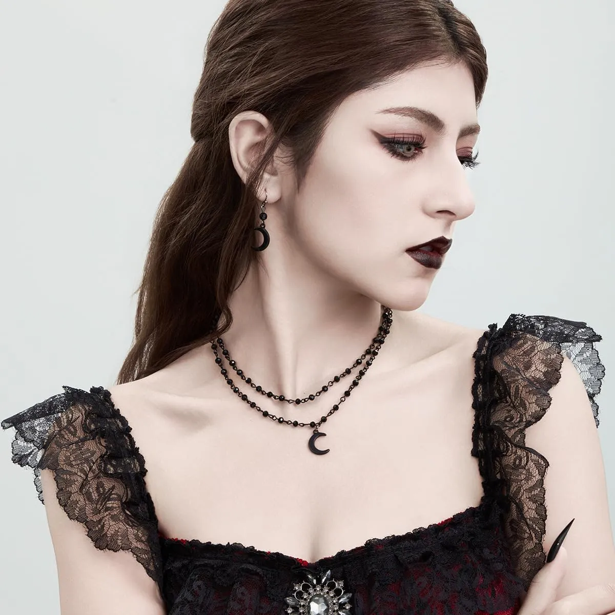 ALEXTINA Halloween Vampire Choker Gothic Necklaces for Women, Black Earrings and Necklace Set, Dainty Tear Drop Necklaces Y Necklace, Black Beaded Moon Necklace, Double Layered Choker Necklace