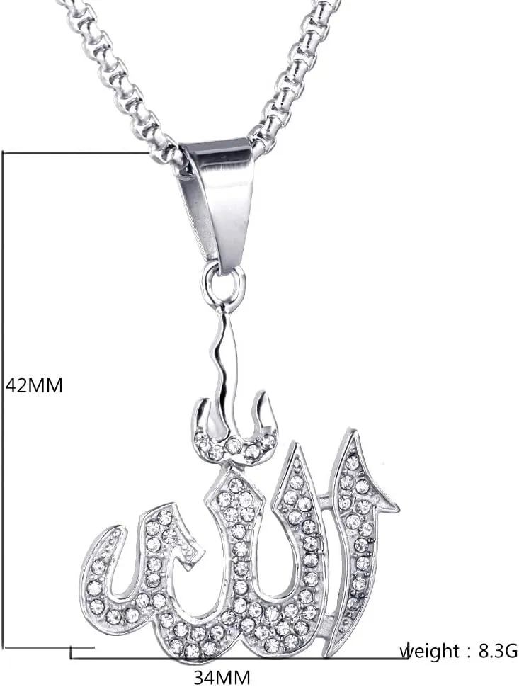 Allah Pendant With 22 inch Link Chain Necklace Mulsim Jewelry (silver plated)