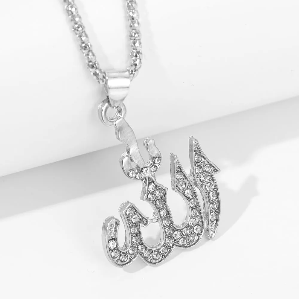 Allah Pendant With 22 inch Link Chain Necklace Mulsim Jewelry (silver plated)