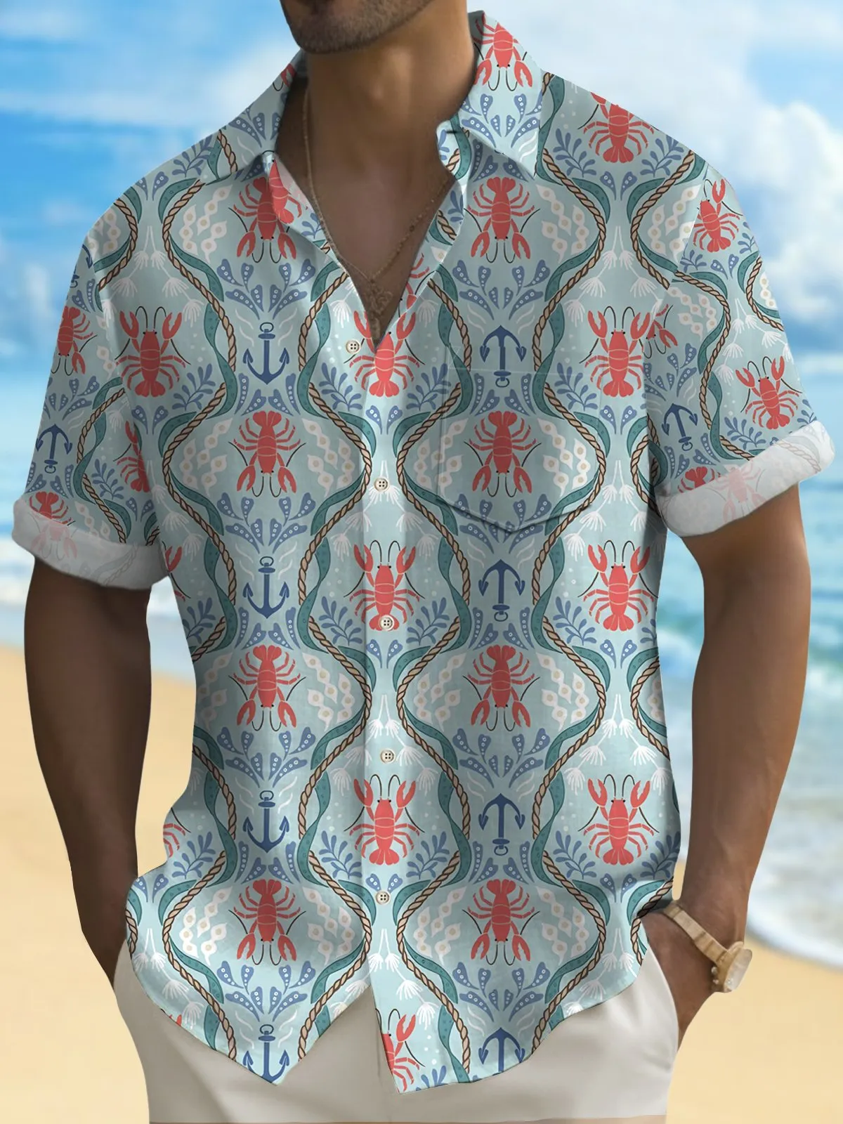 Alohadaddy Holiday Beach Blue Men's Hawaiian Shirts Ocean Lobster Art Breathable Comfort Pocket Camp Shirts Big Tall