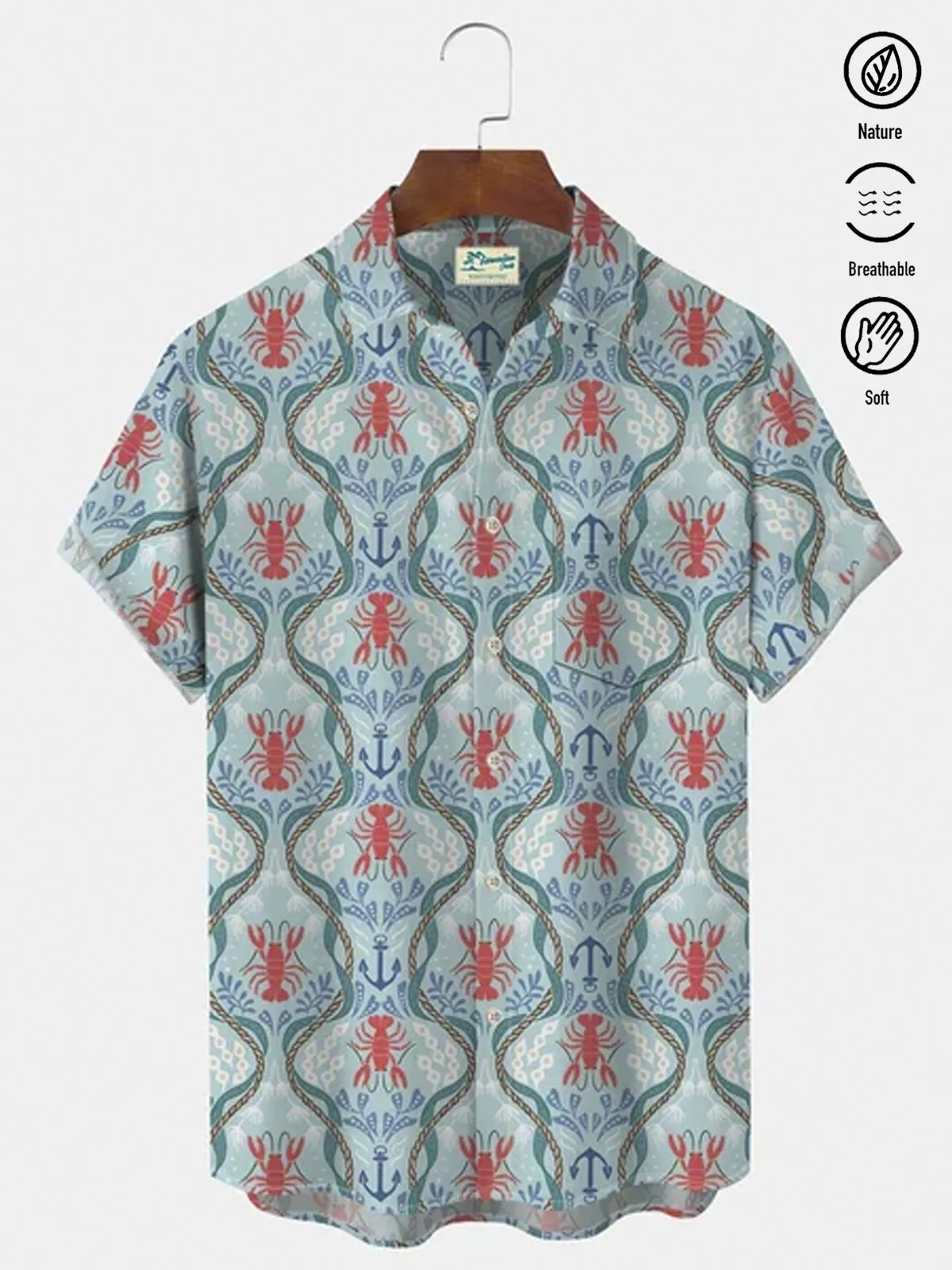 Alohadaddy Holiday Beach Blue Men's Hawaiian Shirts Ocean Lobster Art Breathable Comfort Pocket Camp Shirts Big Tall