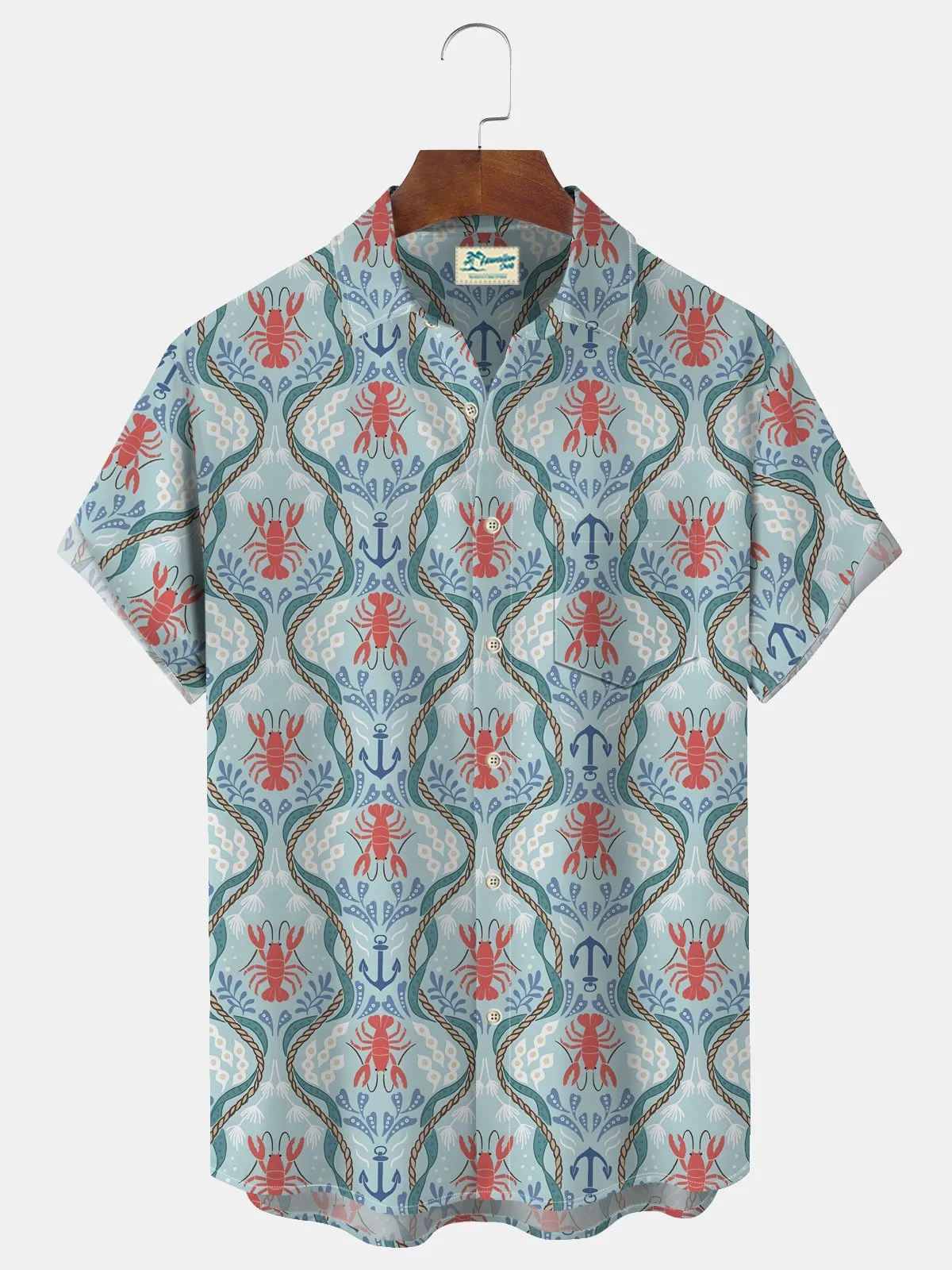 Alohadaddy Holiday Beach Blue Men's Hawaiian Shirts Ocean Lobster Art Breathable Comfort Pocket Camp Shirts Big Tall